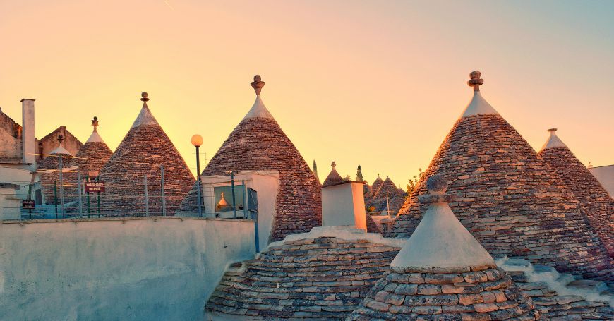 View of the truli in Alberobello at sunset