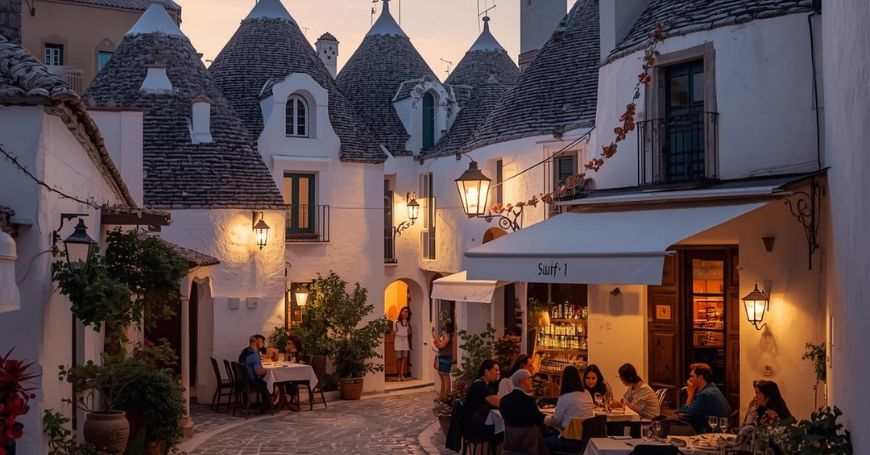 People enjoying food in the streets of Alberobello in Puglia