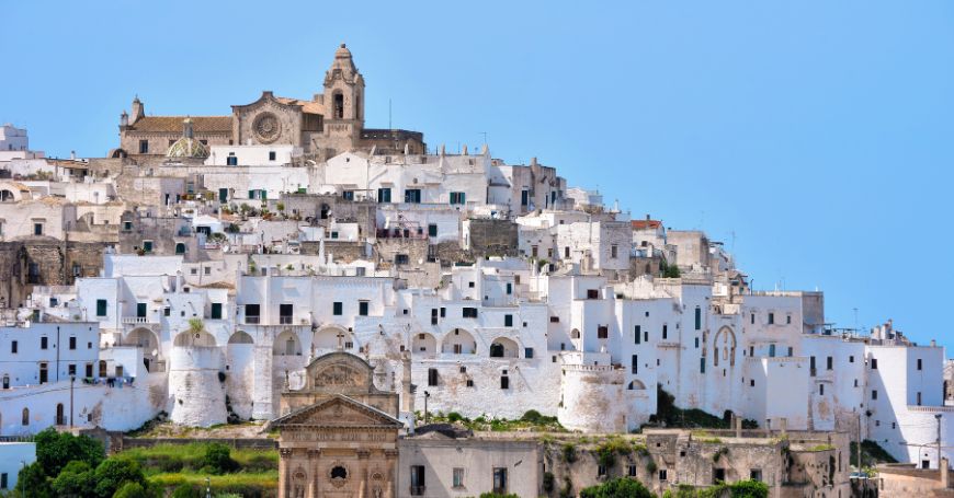 Panoramic view of Ostuni's whitewashed old town near the valle d'itria region