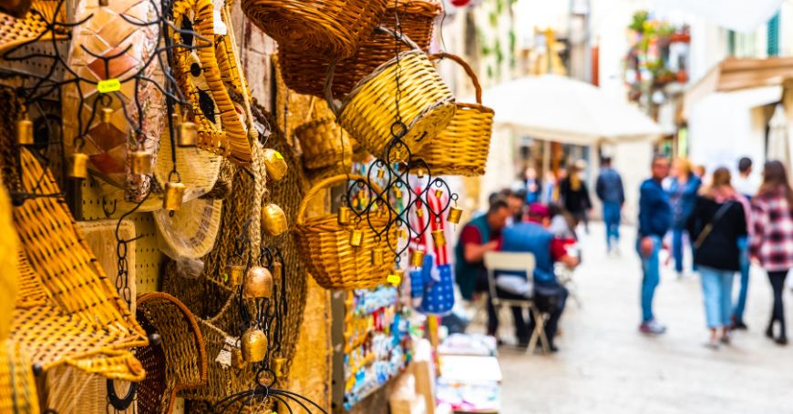 Shot of baskets from a market stall in Bari