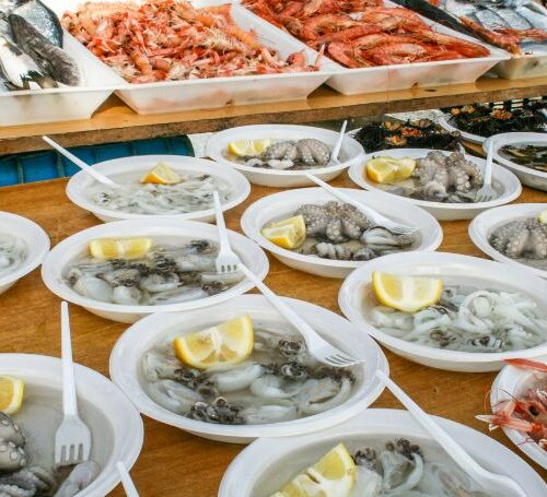 seafood plates in Bari's fish market
